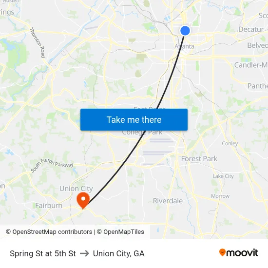 Spring St at 5th St to Union City, GA map