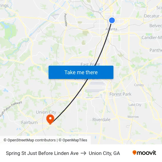 Spring St Just Before Linden Ave to Union City, GA map