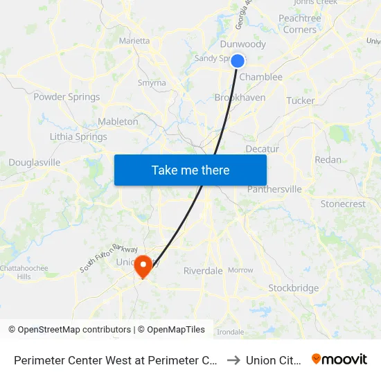 Perimeter Center West at Perimeter Center Pkwy to Union City, GA map