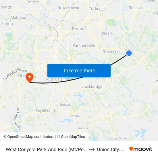 West Conyers Park And Ride (Mt/Peri) to Union City, GA map