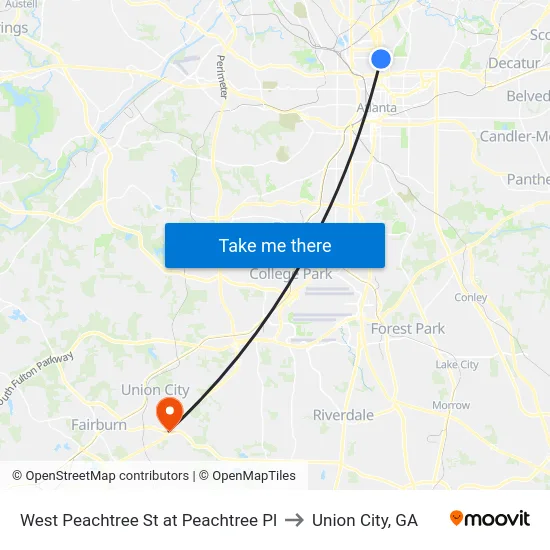 West Peachtree St at Peachtree Pl to Union City, GA map