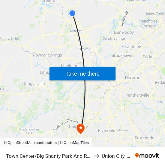 Town Center/Big Shanty Park And Ride to Union City, GA map