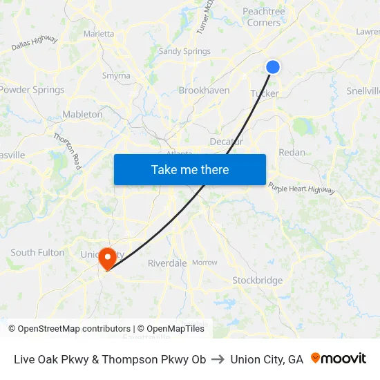 Live Oak Pkwy & Thompson Pkwy Ob to Union City, GA map