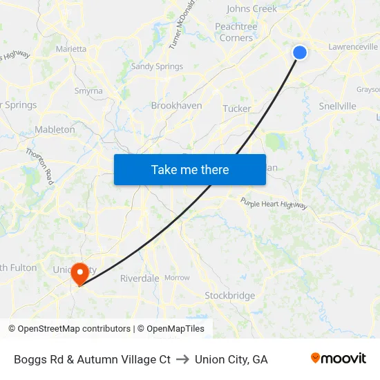 Boggs Rd & Autumn Village Ct to Union City, GA map