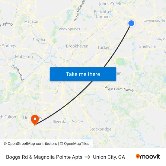 Boggs Rd & Magnolia Pointe Apts to Union City, GA map
