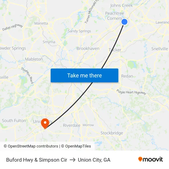 Buford Hwy & Simpson Cir to Union City, GA map