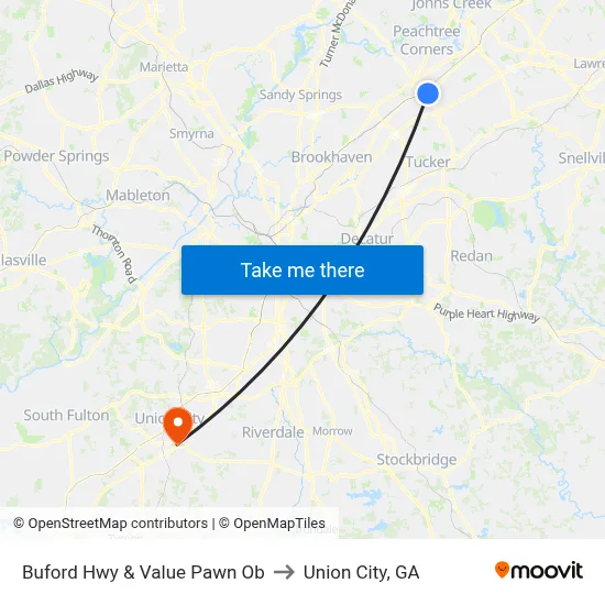 Buford Hwy & Value Pawn Ob to Union City, GA map
