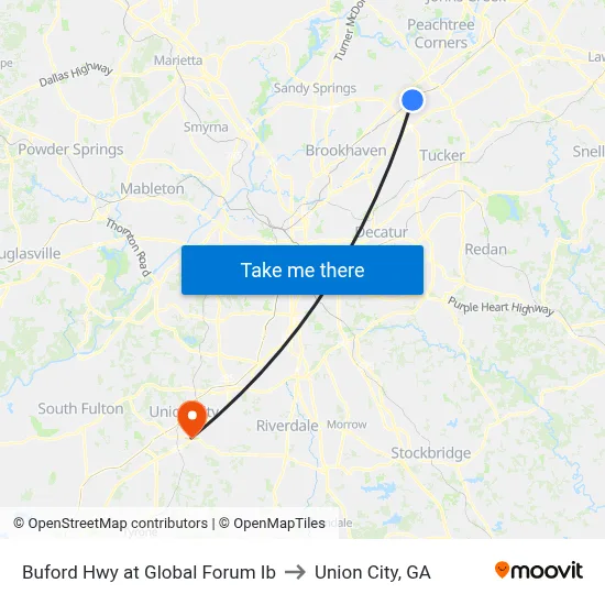 Buford Hwy at Global Forum Ib to Union City, GA map
