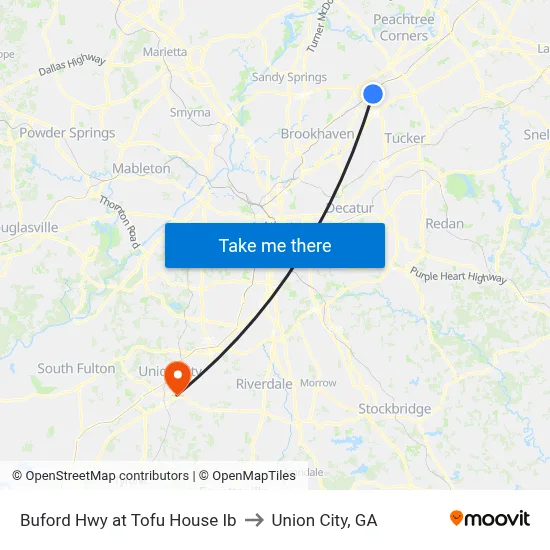 Buford Hwy at Tofu House Ib to Union City, GA map