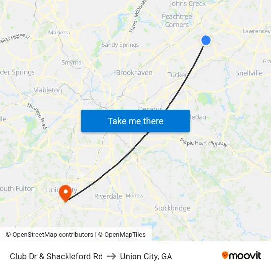 Club Dr & Shackleford Rd to Union City, GA map