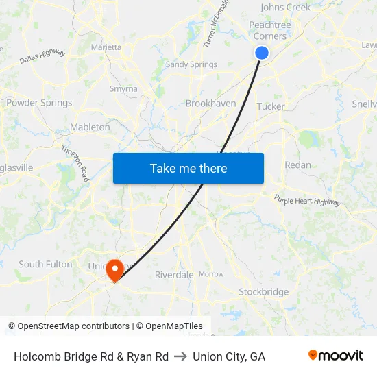 Holcomb Bridge Rd & Ryan Rd to Union City, GA map