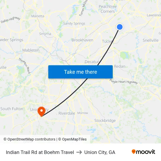 Indian Trail Rd at Boehm Travel to Union City, GA map