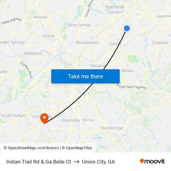 Indian Trail Rd & Ga Belle Ct to Union City, GA map