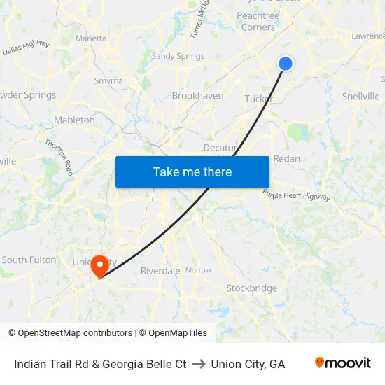 Indian Trail Rd & Georgia Belle Ct to Union City, GA map