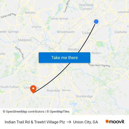 Indian Trail Rd & Treetrl Village Plz to Union City, GA map