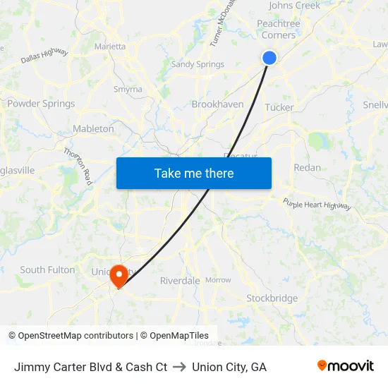 Jimmy Carter Blvd & Cash Ct to Union City, GA map