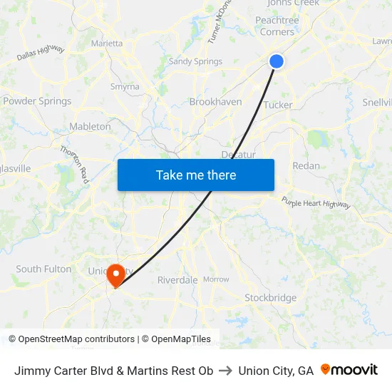 Jimmy Carter Blvd & Martins Rest Ob to Union City, GA map