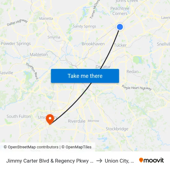 Jimmy Carter Blvd & Regency Pkwy Ob to Union City, GA map