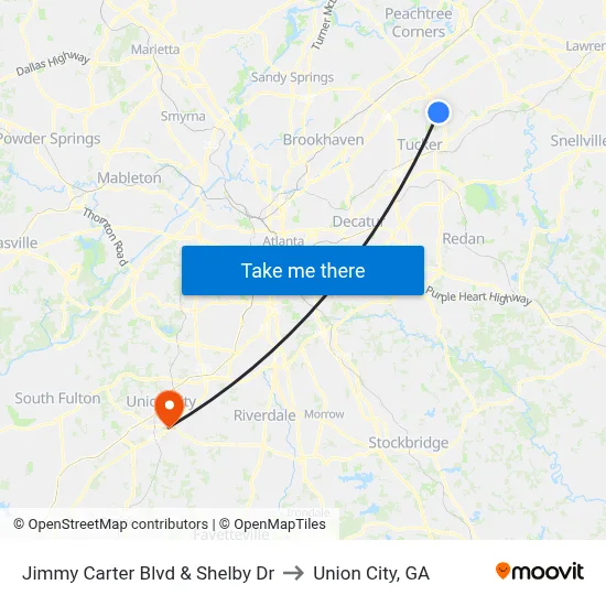 Jimmy Carter Blvd & Shelby Dr to Union City, GA map