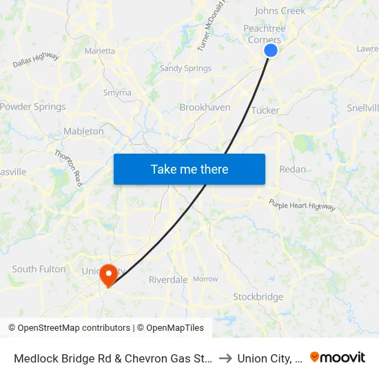 Medlock Bridge Rd & Chevron Gas Station to Union City, GA map