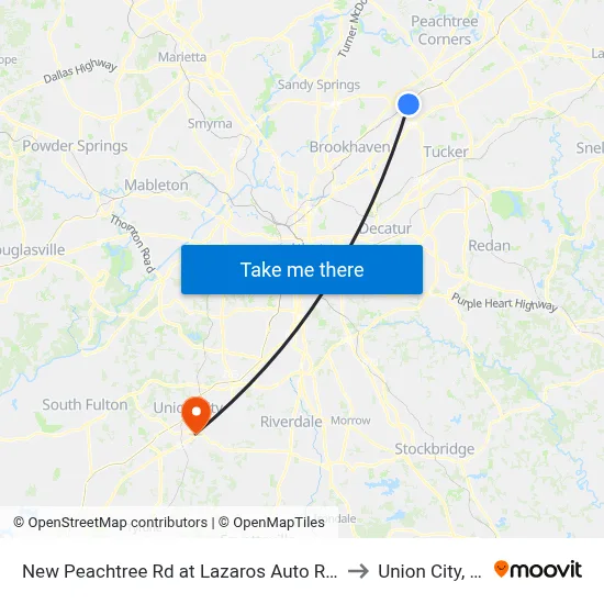 New Peachtree Rd at Lazaros Auto Rep Ib to Union City, GA map