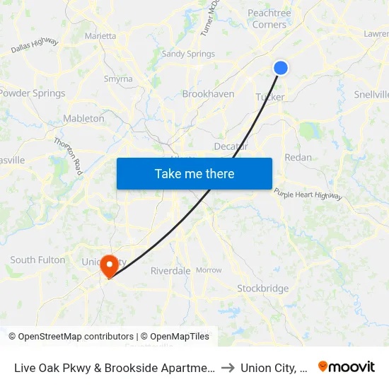 Live Oak Pkwy & Brookside Apartments to Union City, GA map