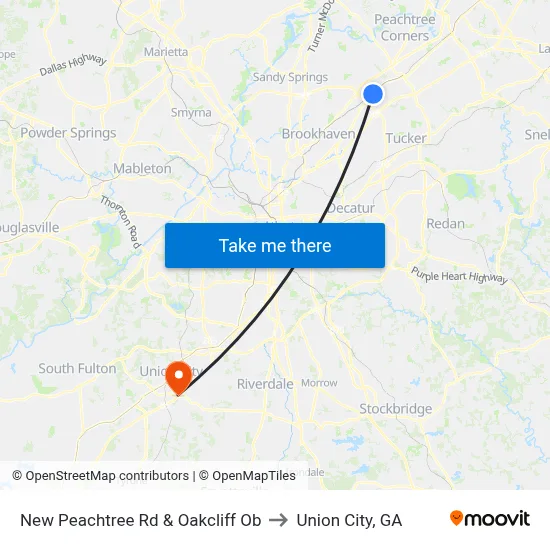 New Peachtree Rd & Oakcliff Ob to Union City, GA map