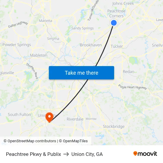Peachtree Pkwy & Publix to Union City, GA map
