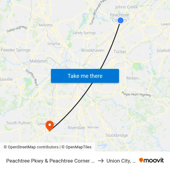 Peachtree Pkwy & Peachtree Corner Cir Ib to Union City, GA map