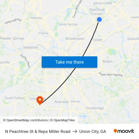 N Peachtree St & Reps Miller Road to Union City, GA map