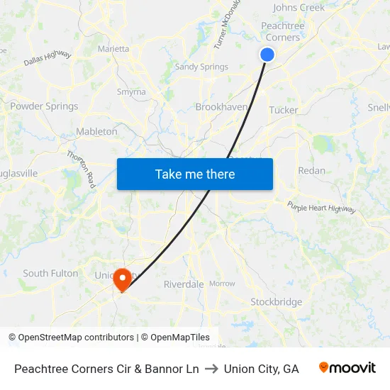 Peachtree Corners Cir & Bannor Ln to Union City, GA map