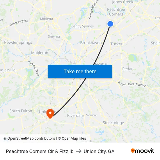 Peachtree Corners Cir & Fizz Ib to Union City, GA map