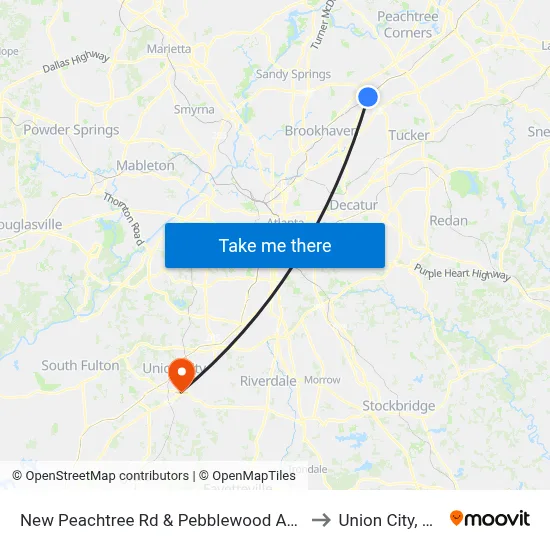 New Peachtree Rd & Pebblewood Apts to Union City, GA map