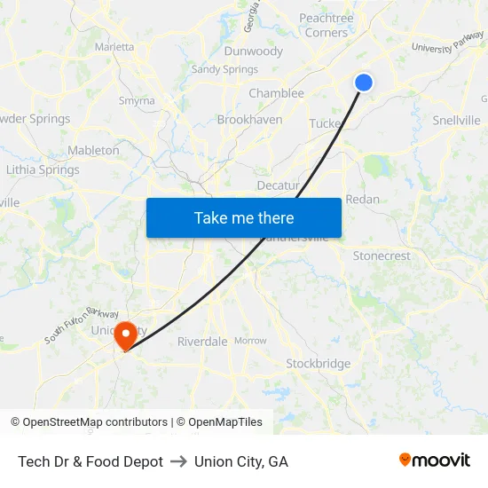 Tech Dr & Food Depot to Union City, GA map