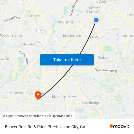 Beaver Ruin Rd & Price Pl to Union City, GA map