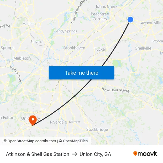 Atkinson & Shell Gas Station to Union City, GA map