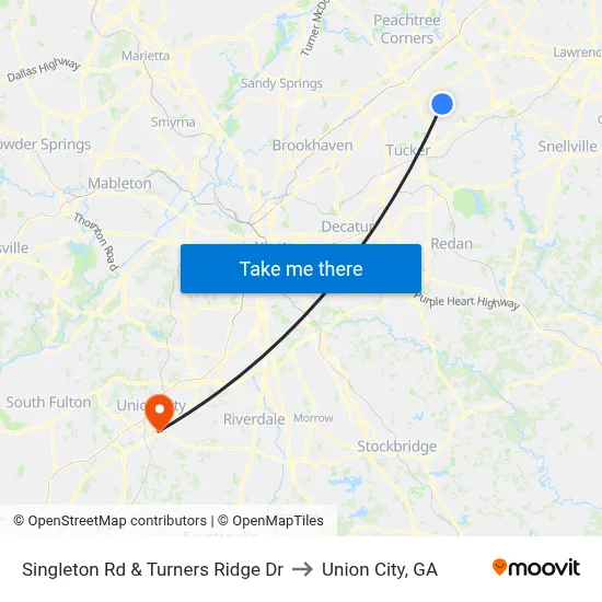 Singleton Rd & Turners Ridge Dr to Union City, GA map