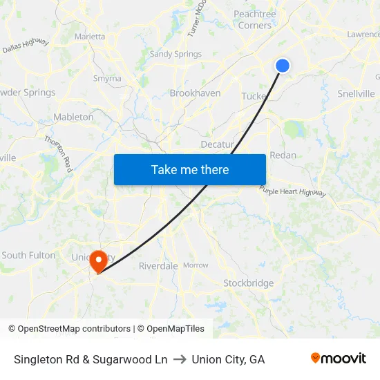 Singleton Rd & Sugarwood Ln to Union City, GA map