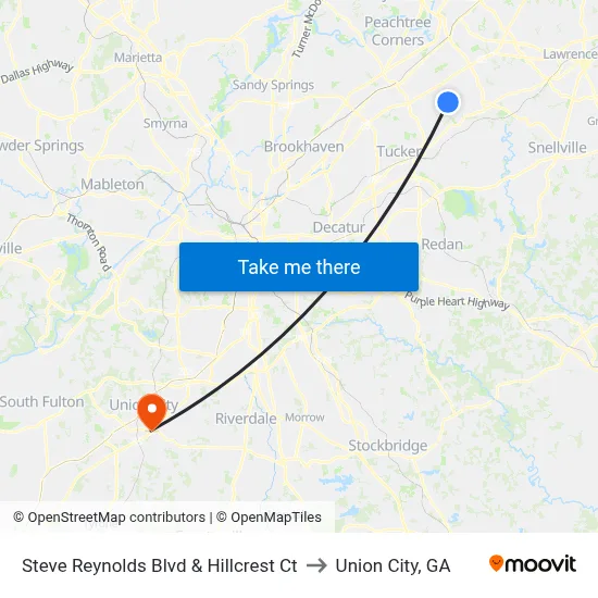 Steve Reynolds Blvd & Hillcrest Ct to Union City, GA map