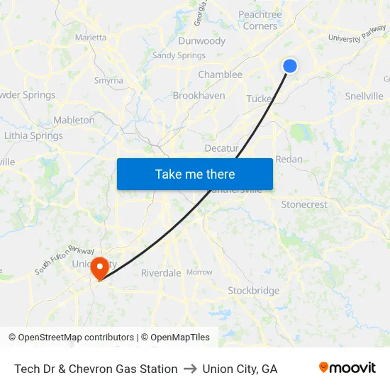 Tech Dr & Chevron Gas Station to Union City, GA map