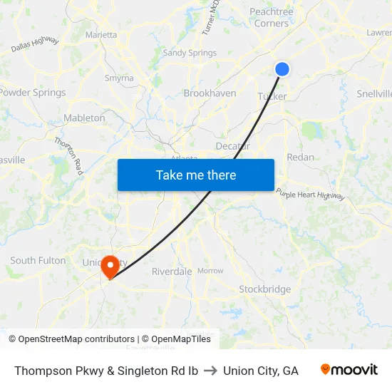 Thompson Pkwy & Singleton Rd Ib to Union City, GA map