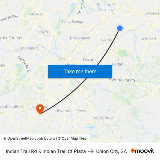 Indian Trail Rd & Indian Trail Ct Plaza to Union City, GA map