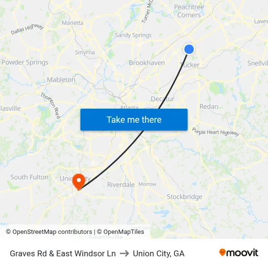 Graves Rd & East Windsor Ln to Union City, GA map