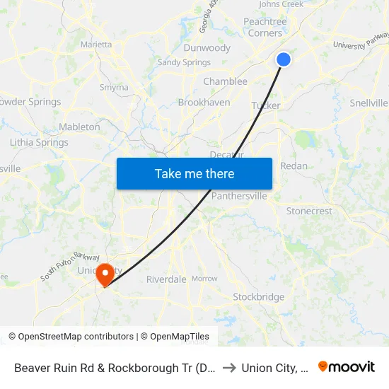 Beaver Ruin Rd & Rockborough Tr (Dmv) to Union City, GA map