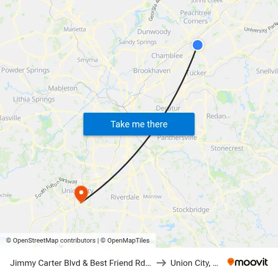 Jimmy Carter Blvd & Best Friend Rd Ib to Union City, GA map