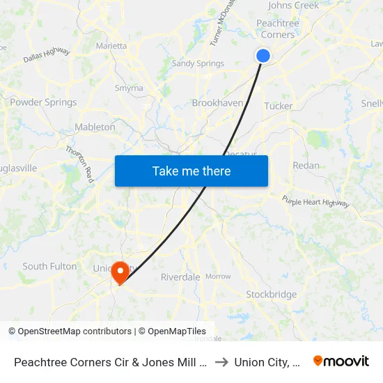 Peachtree Corners Cir & Jones Mill Ct to Union City, GA map