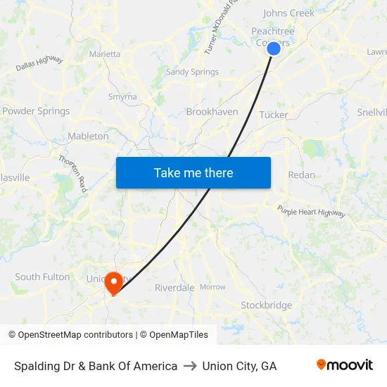 Spalding Dr & Bank Of America to Union City, GA map