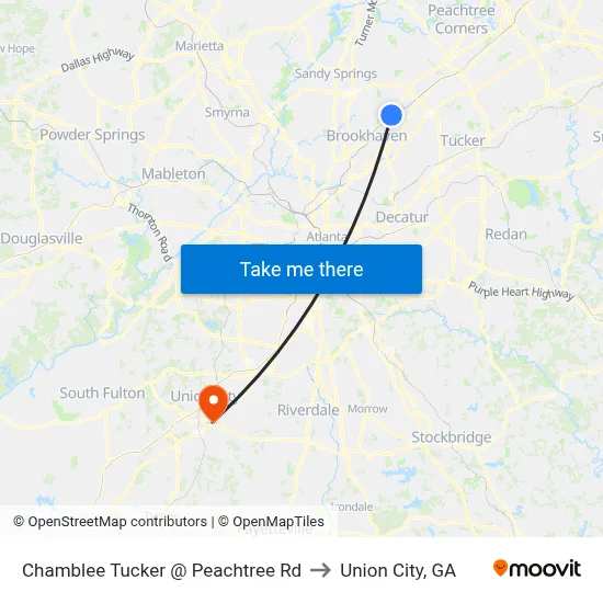 Chamblee Tucker @ Peachtree Rd to Union City, GA map