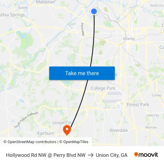 Hollywood Rd NW @ Perry Blvd NW to Union City, GA map