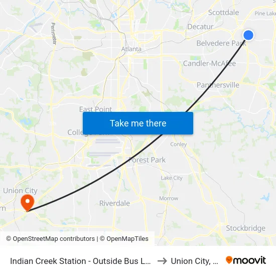 Indian Creek Station - Outside Bus Loop to Union City, GA map